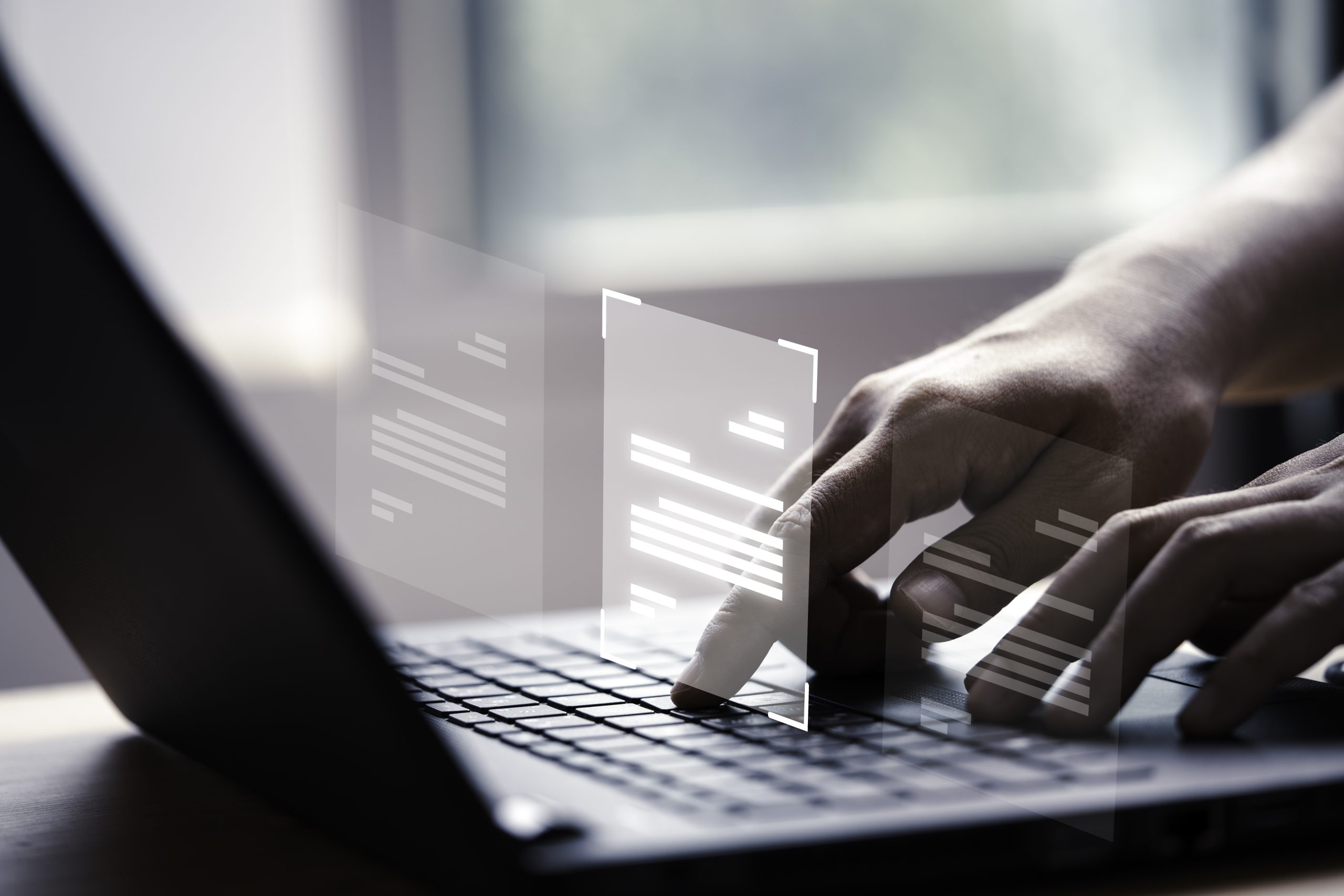 hand using laptop computer with virtual screen document online approve paperless quality assurance erp management concept scaled